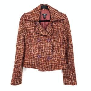 MNG Mango Double Breasted Jacket Womens Size 6 Multicolor Red Brown Tweed